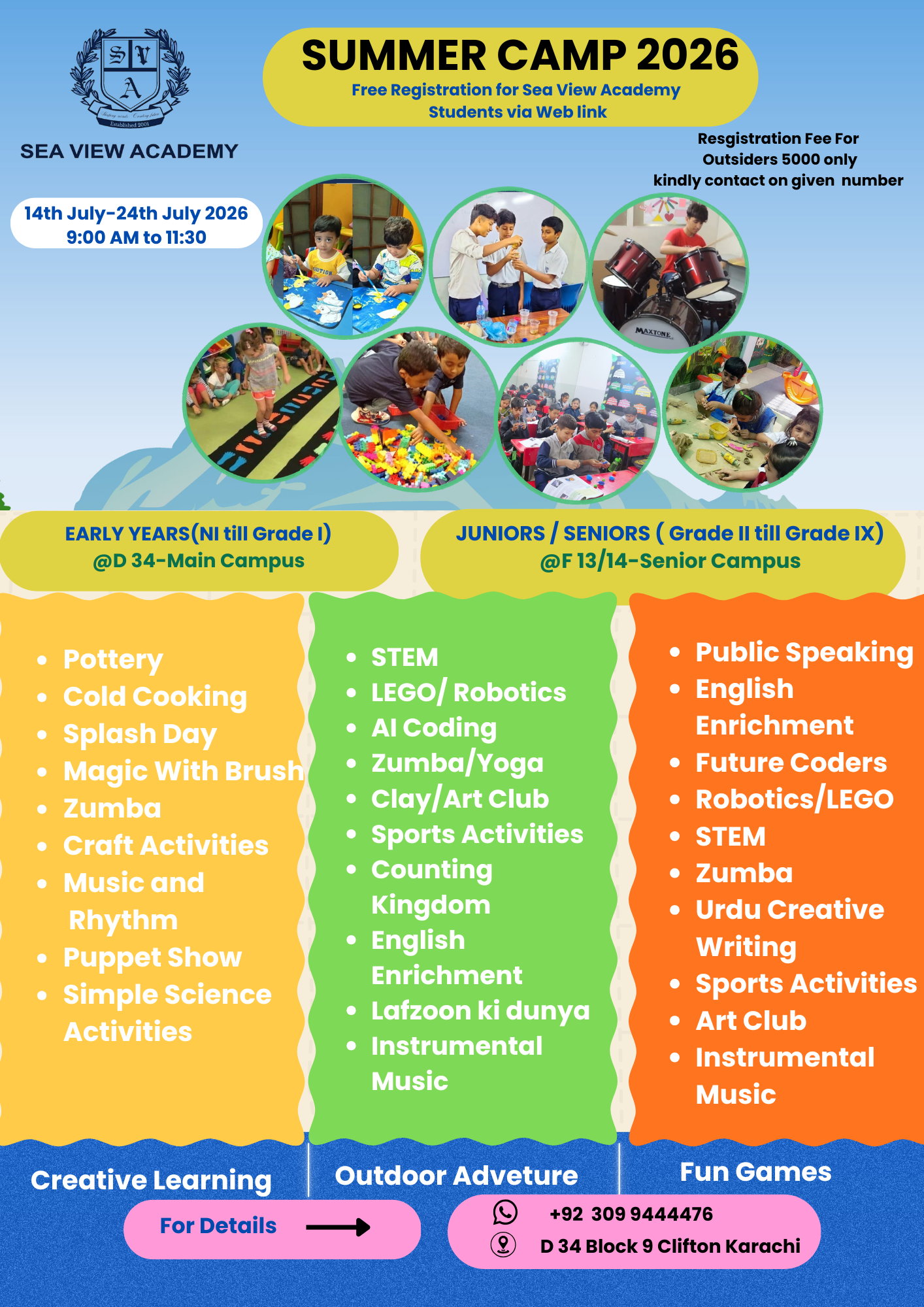 Summer Camp 2026 flyer with dates, timings, registration fee, campuses, contact details, and activities for Early Years, Juniors, and Seniors